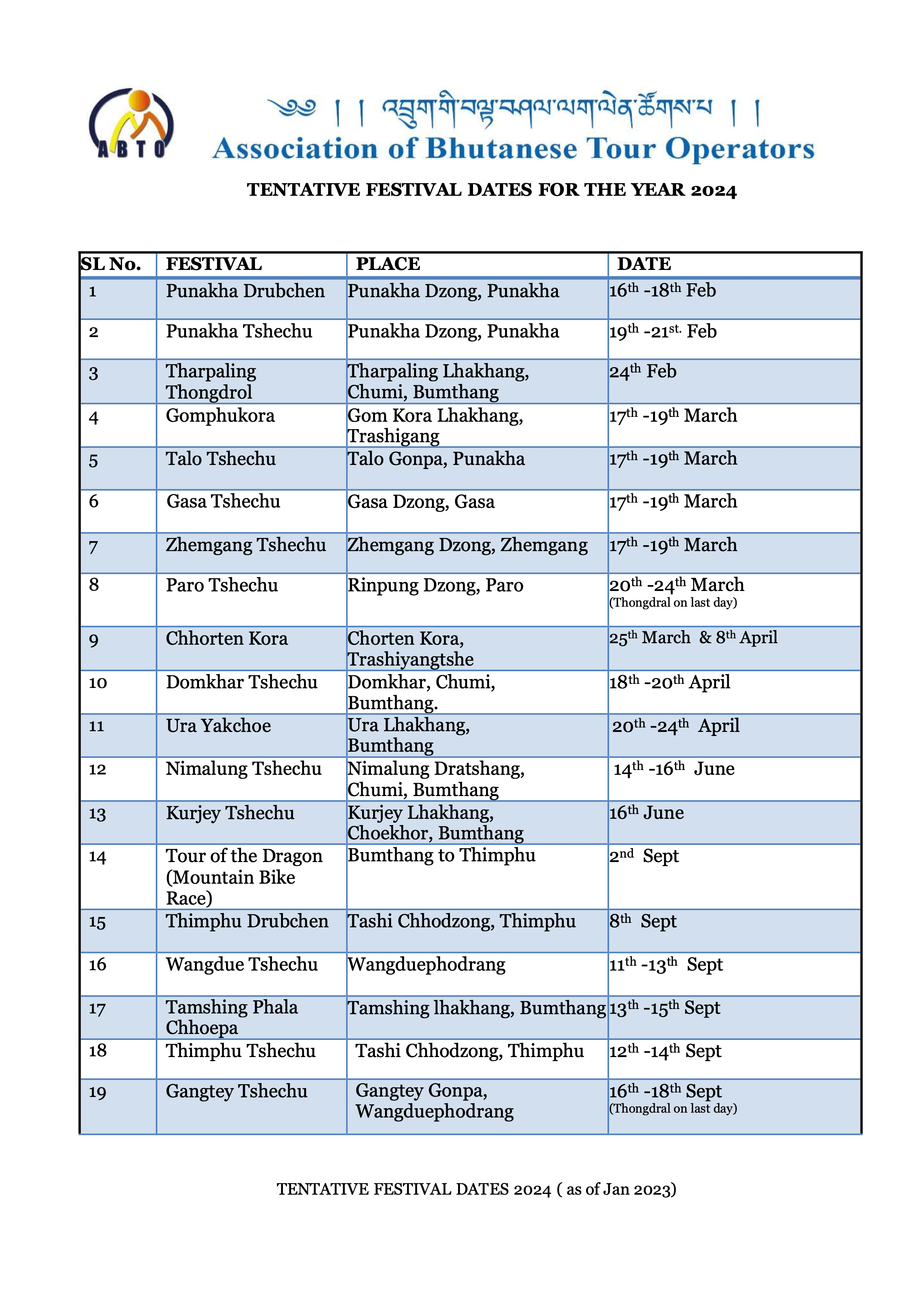 Tentative Festival Dates for 2024